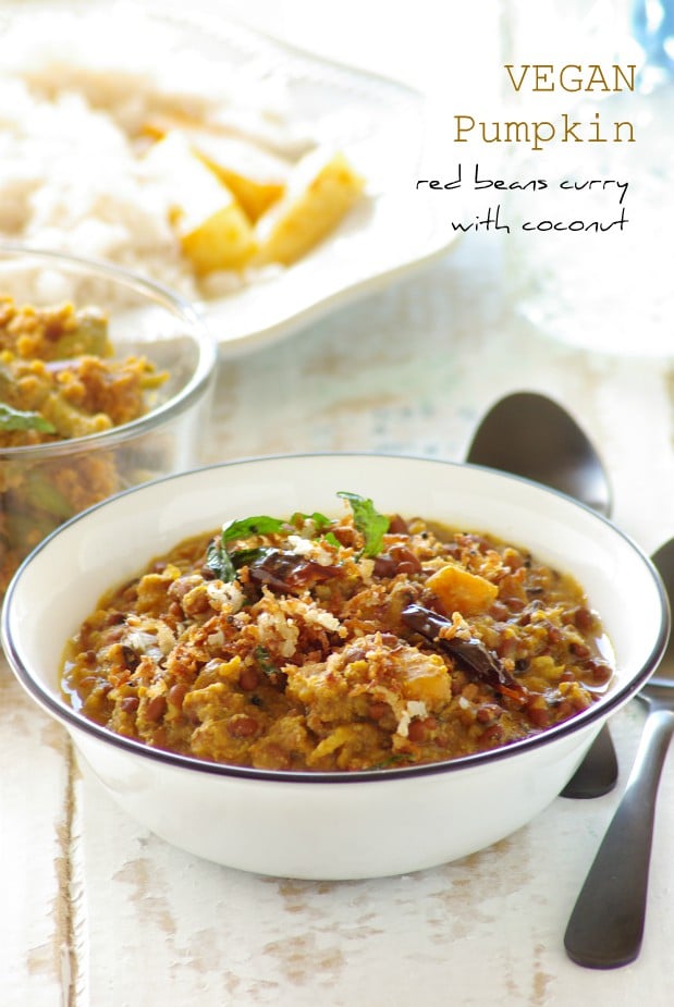 Vegan-Pumpkin-and-red-beans-curry with fried coconut , mathanga vanpayar erissery,