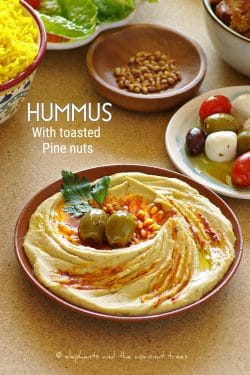 Hummus with toasted pine nuts, Lebanese inspired hummus