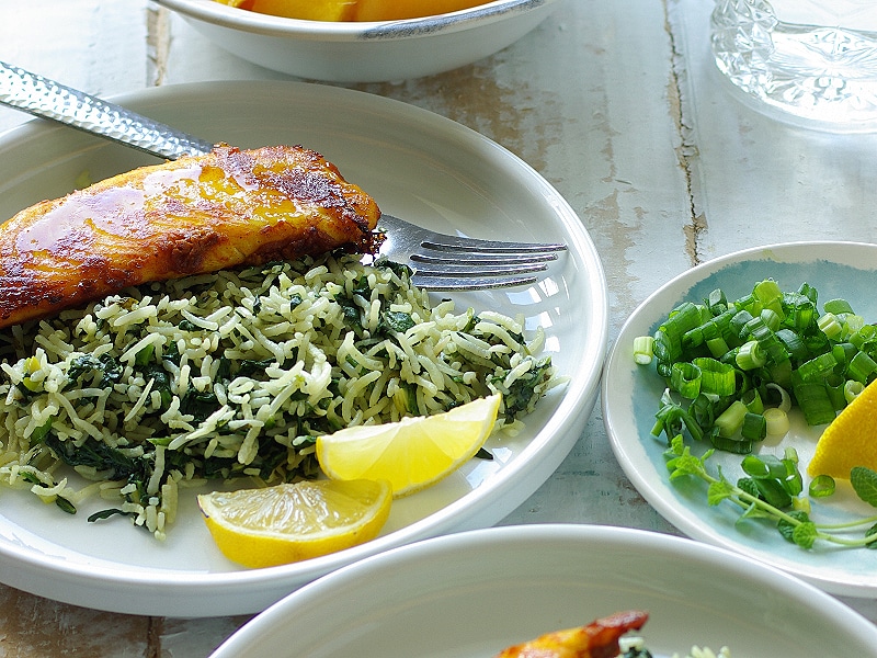 spinach and herb rice, side dish for grilled meats